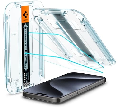 Spigen Glas.tR EZ Fit Schutzfolie kompatibel mit iPhone 15 Pro, 2 Stück, Kratzfest, 9H Härte Folie