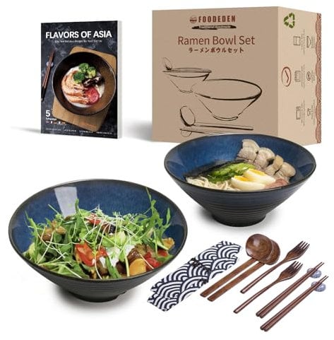 Keramik-Ramen-Suppenschüssel, 2×1500 ml, japanische Keramik, Nudelschüssel-Set mit Löffeln und Essstäbchen, für Pasta, Pho, Udon, Soba, Salat und Obst, Gemüse, spülmaschinenfest, mikrowellengeeignet