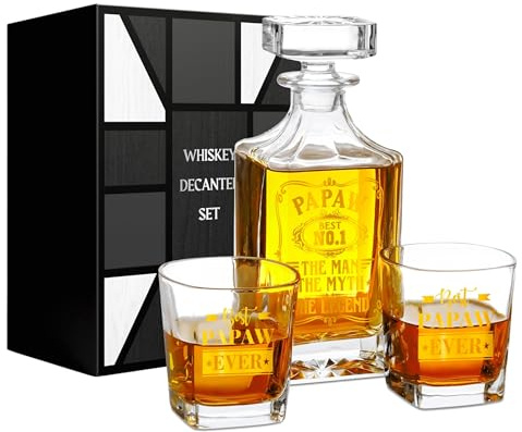 Onebttl Papaw Gifts Whiskey Decanter Set, 25oz/750ml Decanter with Stopper and 2 Whiskey Glasses for Christmas, Father's Day