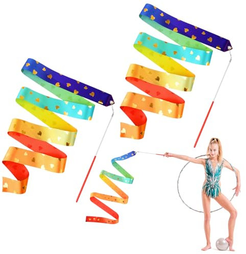 Bewudy 2 Pcs Rhythmic Dance Ribbons, 2M Gymnastic Ribbon with 30cm/11.8in Stick Wands, Rainbow Ribbon for Gym Training Circus Dance Dancing Streamers