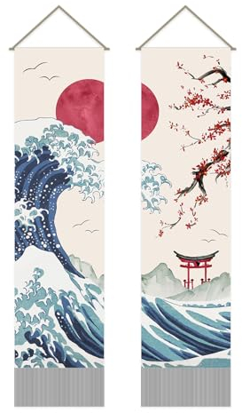 AHANDMAKER Lot de 2 tapisseries japonaises vagues océaniques soleil et vagues rouges et fleurs de cerisier rouges à suspendre pour chambre 33 x 130 cm