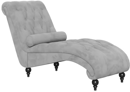 Vesgantti Velvet Button-tufted Chaise Lounge Chair Indoor,Easy to Assemble | Upholstered Chaise Longue with Lumbar Pillow, Leisure Chair for Living Room Bedroom and Office, Grey