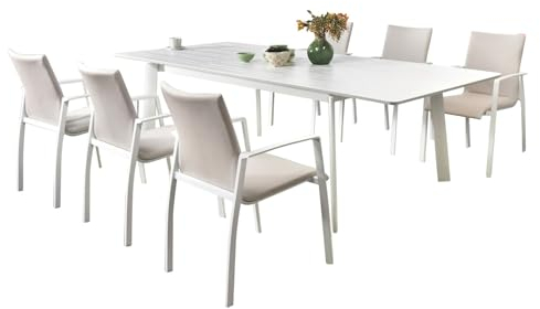 IDIMEX Gartenmöbel Set Verano, weiß/beige - mit 6 Stühlen und ausziehbarem Gartentisch, Aluminium und wetterfeste Textilene, stapelbar, strapazierfähig, Outdoor-Möbel, Balkonmöbel, Terrassenmöbel
