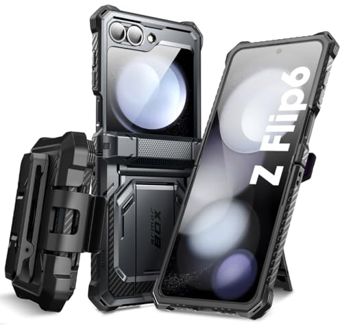 i-Blason Case for Samsung Galaxy Z Flip 6/5 with Stand, Built-in Screen Protector, Hinge Protection, Belt-Clip, Full-Body Military Protection (Black)