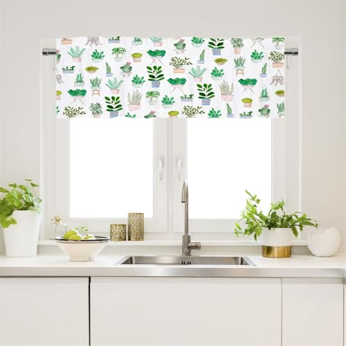 Surwin Bistrogardine Coffee Break Scheibengardine Küchengardine Grüne Pflanzen Motiven, Halbtransparente Kurzgardine Wohnzimmer Landhaus Càfe Gardinen Kurz Vorhang (Sukkulente,W137xL56cm)