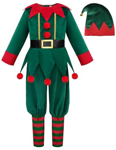 ReliBeauty Weihnachten Elfen kostüm kinder 3-12 Jahre Wichtel Kostüm Elfenmütze mit Glöckchen,130