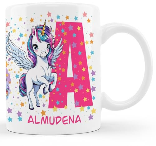 Taza de Unicornio Personalizada para Niñas con Inicial y Nombre (A-Z) Taza de cafe A-Z de ceramica Tazas de desayuno con letra y nombre Taza desayuno para niñas, Taza para regalar (Letra-A)