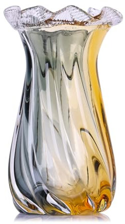 LINYTHER Vase en verre ambré pour décoration d'intérieur, vases en verre soufflé à la main à large ouverture pour herbe de la pampa et fleurs décoratives, vase en verre transparent de Murano moderne