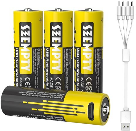 SZEMPTY AA 3000mWh USB Wiederaufladbare Batterien-4 Pack, 2000mAh Double A 1.5V Lithium USB-C Pila Wiederaufladbare Batterie mit 4 in 1 USB-A zu USB-C Ladekabel, Über 1200 Zyklen.