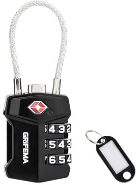 GRIFEMA Lucchetti TSA con Combinazione a 3 Cifre, Cavo Acciaio Flessibile per Valigie, Borse e Viaggi (Confezione Singola, GA1006)