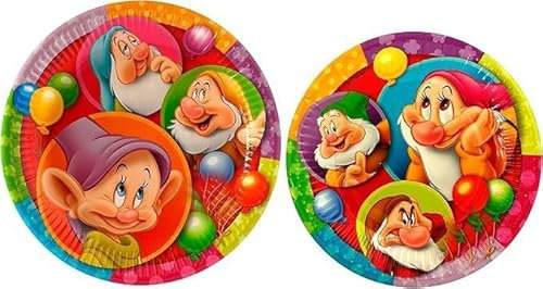 Disney Set Festa Compleanno Party 16 Piatti di Carta, 8 Grandi (23 cm) + 8 Piatti Piccoli (20 cm) Tema Biancaneve e i 7 Nani (Snow White and the Seven Dwarfs).