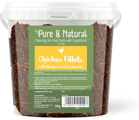 Pure & Natural Superfoods Air Dried Chicken Fillets Treats with Blueberries & Cranberries - Dog Treats UK for Skin and Coat - Tub 500g
