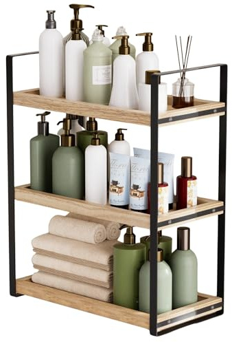 ohbien 3 Etagen Standregal Badezimmer Organizer, Badezimmer Regal Holz | mit Metallgestell, Küchen Gewürzregal Standregale, Schreibtisch Organizer für Küche Schminktisch Kommode