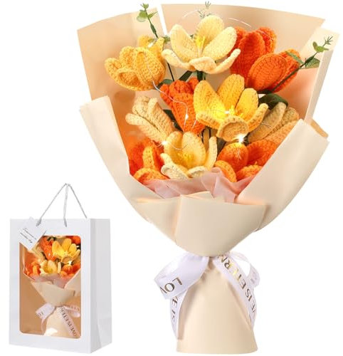 Juinte Häkelblumenstrauß, Geschenk für Frauen, handgefertigt, gestrickte Blumen mit LED-Lichtern, Tulpen, Blumenstrauß, Geschenk für Valentinstag, Muttertag, Geburtstag, Abschlussfeier, Hochzeit
