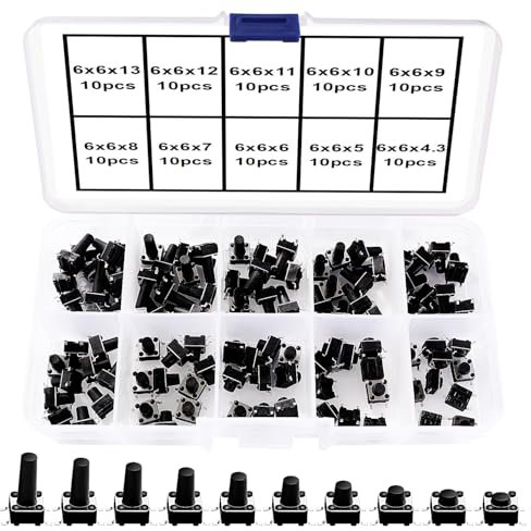 VooGenzek 100 Pièces 10 Valeurs 6x6mm Interrupteurs à Bouton Poussoir Tactiles, Kit de Assortiment de Interrupteurs, Noir