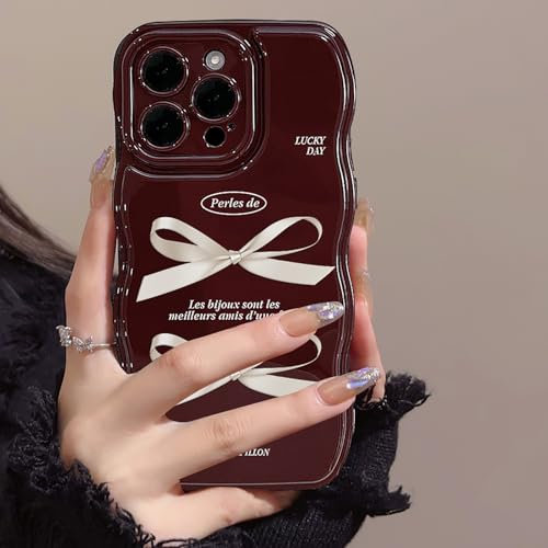 Tybiky Kompatibel mit iPhone 14 Hülle Süße Bow Schleifenband Handyhülle Glänzend Einfaches Wellenkante Schutzhülle Nie Vergilbung Stoßfest Case Anti-Kratzt TPU Rückseite Bumper Cover, Weinrot