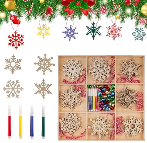 KiKiHong 32 Piezas Copo de Nieve de Madera para Decoración de Navidad | Adornos Colgantes para Árbol de Navidad DIY,Decoraciones del Árbol del Copo de Nieve7-8 cm (8 Diseños)