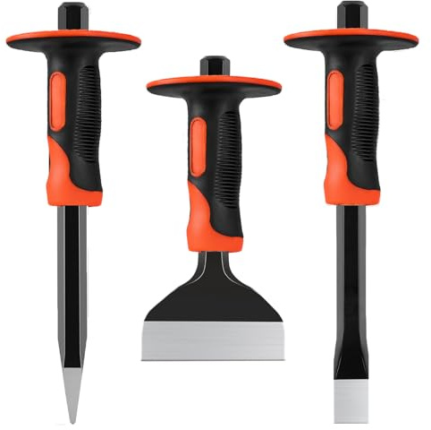 Masonry Chisel Set,3 Piece Heavy-Duty Point, Flat and Brick Chisels with Hand Guard Ergonomic Grip for Brick, Concrete and Stone