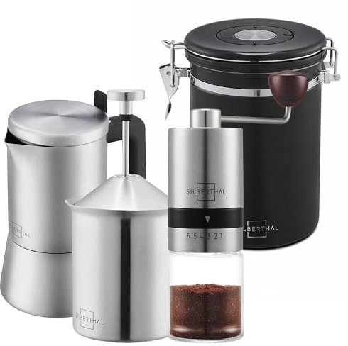 SILBERTHAL Espressokocher Komplett-Set | Kaffeemühle manuell, Mokka Pot 300 ml, Milchaufschäumer & Kaffeedose als Geschenkset für Genießer - 4 teilig