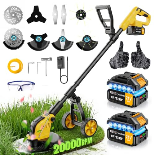 4 in 1 Decespugliatore a Batteria,30CM Tagliaerba a Batteria con 2 Batterie da 3.0AH,Tagliaerba Elettrico con Ruota,800W Motore Senza Spazzole,4 Tipi di Lamelle per Taglio Di Giardini, Prati,Arbusti