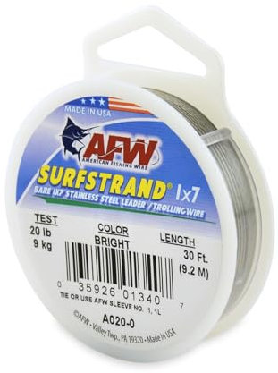 AFW American Fishing Wire Surfstrand, Bare 1x7 Stainless Steel Leader Wire, 20 lb Test, 0.011 Diameter, Bright, 30 ft