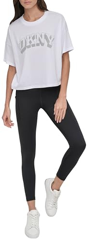 DKNY Women's Flocked Rhinestone Varsity Logo Crop Tee T-Shirt, Silver, S