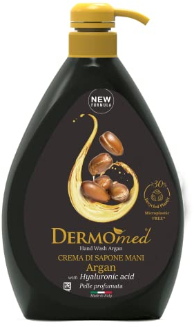 Dermomed, Handseifencreme mit Arganöl, respektiert die Haut und macht sie duftend und weich, mit Hyaluronsäure, pH-neutral, hergestellt in Italien, dermatologisch getestet, Spender 1 l
