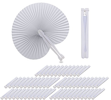 QUMAO 60 STK. Handgriff Fächer Handfächer Weiß Papierfächer Klappfächer Hand Fan Papier Hochzeit Party Faltbar Taschenfächer (Weiß (Rund))