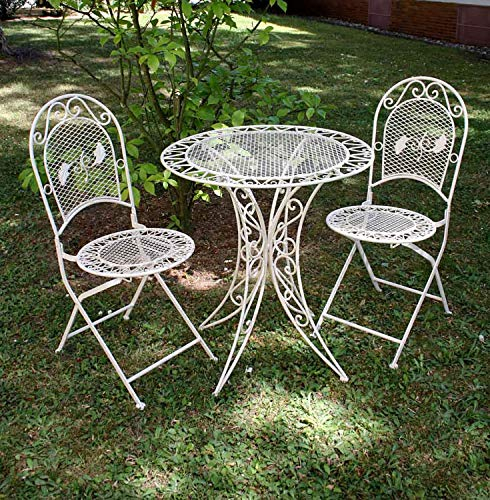 aubaho Garnitur Gartentisch 2 Stühle Eisen Gartenmöbel antik Stil Nostalgie Creme Weiss