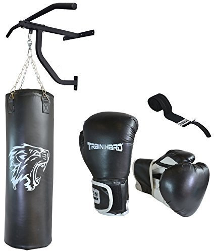 TrainHard Boxsack Sandsack gefüllt 90cm 30KG m. Wandhalter & Klimmzug Boxhandschuhe 12OZ Bandage