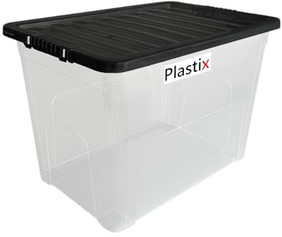 Plastix Clear Plastic Storage Box Boxes With Black Lids Home Office Stackable UK Made (3, 75L)