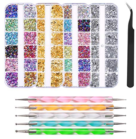 FOCCTS Nagel Art Strasssteine mit Dotting Tools, 3D nagel dekoration, Glitzersteine nägel set für Nail Art, Glitzer für Nägel deko, Nagel zubehör nageldesign mit Pinzette