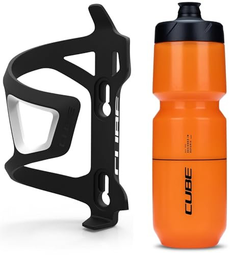 Cube HPP Right Side Loading Cage - Black & Flow Bottle - Orange, 750ml / Lightweight Bicycle Cycling Cycle Bike MTB Mountain Road Water Drink Flask Bidon Bracket Mount Holder HPA HPP Set Accessories
