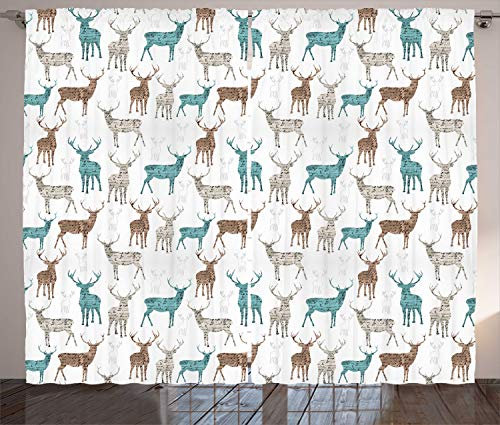 ABAKUHAUS Hirsch Rustikaler Gardine, Altes Text-Tier-Weihnachten, Schlafzimmer Kräuselband Vorhang mit Schlaufen und Haken, 280 x 225 cm, Türkis Beige Braun
