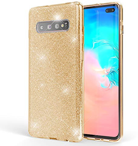 NALIA Hülle kompatibel mit Samsung Galaxy S10 Plus, Glitzer Handyhülle Ultra-Slim Silikon-Case Back-Cover Schutzhülle, Glitter Sparkle Handy-Tasche Bumper Dünnes Bling Strass Etui, Farbe:Gold