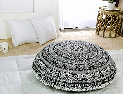 Popular Handicrafts Großer Hippie-Elefant-Mandala-Bodenkissenbezug – Kissenbezug – Pouf-Bezug rund Bohemian Yoga Dekor Boden Kissenbezug – 61 cm schwarz & weiß