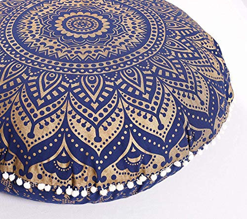 Popular Handicrafts Großer Hippie-Mandala-Ombre-Bodenkissenbezug – Kissenbezug – Pouf-Abdeckung rund Bohemian Yoga Decor Bodenkissenhülle – 61 cm blau Gold