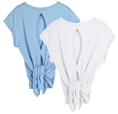 icyzone Damen Sport Top Fitness Yoga Shirt Rückenfrei Sommer Leichte Gym Top Sportshirt, 2er Pack (M, White/Sky Blue)