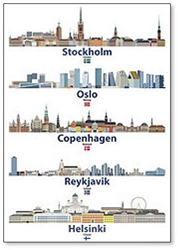 Kühlschrankmagnet mit Illustration von Stockholm, Oslo, Kopenhagen, Reykjavik und Helsinki Städte Skylines
