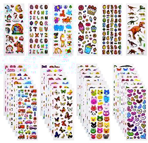 Habett 3D Aufkleber für Kinder & Kleinkinder, 920+ Geschwollen Stickers, Niedliche Verschiedene Set Buchstab en, Tier, Obst, Zahlen, Schmetterlinge, Einhorn, Dinosaurier und vieles mehr (36 Bogen)