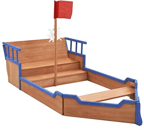 vidaXL Tannenholz Sandkasten Piratenschiff mit Fahnenstange Lenkrad Piratenboot Boot Schiff Holzsandkasten Sandbox Sandkiste 190x94,5x101cm