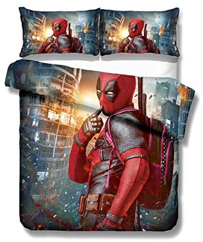 Nichiyo Deadpool bed linen set – duvet cover and pillowcase, microfibre, 3D digital print, three-piece bed linen (duvet cover and pillowcases) (1,double 200 x 200 cm)