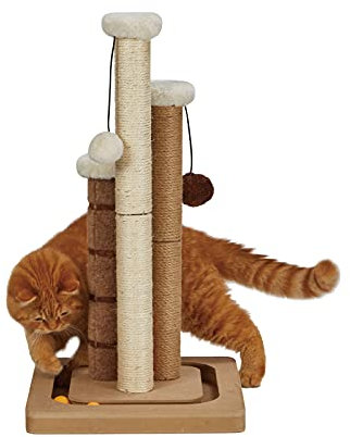 Rascador para gatos, alfombra de yute natural de sisal premium, 3 postes para rascar con base interactiva de bola y bolas colgantes, juguetes para gatitos altos y gatos pequeños