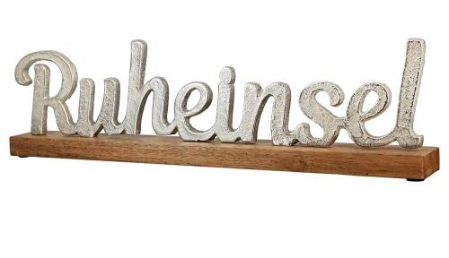 Deko Aufsteller Schriftzug Ruheinsel aus Mangoholz und Aluminium; 46x12x5cm