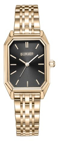 BURKER Damenuhr Isabell, Rechteckiger Damen Armbanduhr Gliederarmband Edelstahl Analog Quarz 3-ATM Wasserdicht - 36 mm - Gold Schwarz