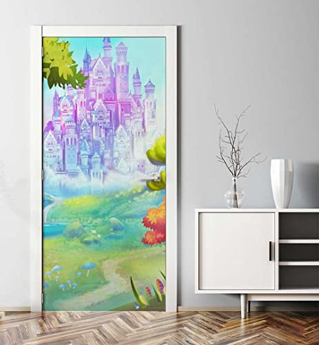 MyMaxxi - Tür bekleben mit Türtapete Selbstklebend 90x200 Prinzessinnen Zauberschloss - Tür verschönern Türfolie - Türaufkleber XXL Aufkleber Folie- Türposter Türklebefolie Burg Wald See grün
