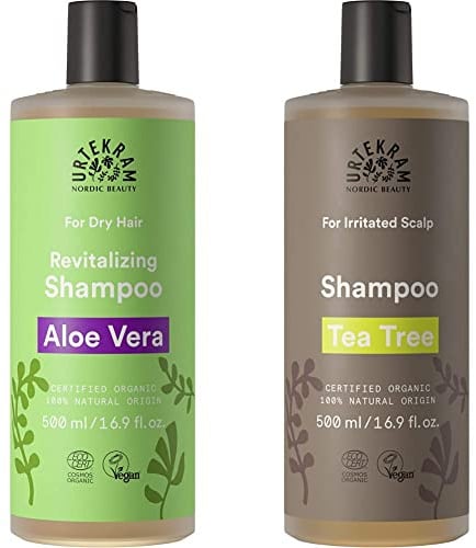 Urtekram Champú de Aloe Vera para Cabello Seco - 500 ml + Champú de Arbol de Té para Cuero Cabelludo Irritado - 500 ml
