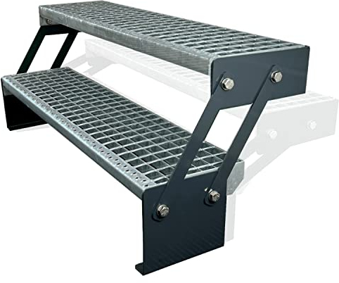 Kaminbau Mierzwa Premium Stahl Treppe Verstellbar Verzinkt & Anthrazit Pulverbeschichtet 2 Stufen (Breite 140 cm) (Höhe 30-43 cm) Wetterfest Gitterroststufe Gartentreppe