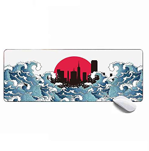MSHAJ Paintings Mouse Pad Japan Ocean Wave Red Sun Asian Art Large Gaming Mouse Pad,Extended xl Mouse Mat Desk Pad 31.5x11.8x0.12IN,Stitched Edges Non Slip Mousepad Computer,Office,Keyboard & Laptop