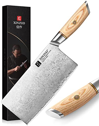 XINZUO 19cm Cuchillo de Cocina Chino Acero Compuesto, Profesional Cuchillo de Carnicero Afilado Hachas de Cocina Cuchillo para Verduras, Cuchillo de Chef Acero Inoxidable-Mango de Madera Pakka